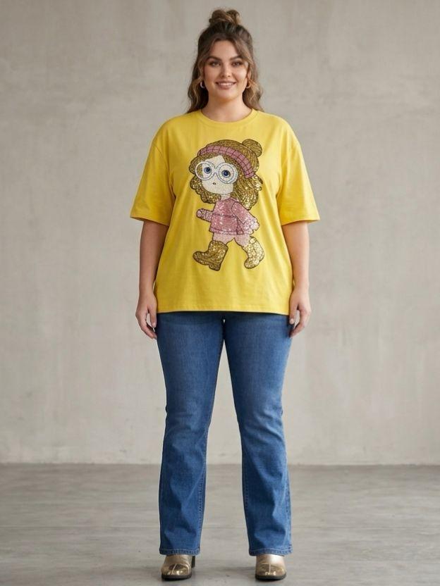 Oversized Sequin Patched Graphic Tee - Plus Size Streetwear T-Shirt