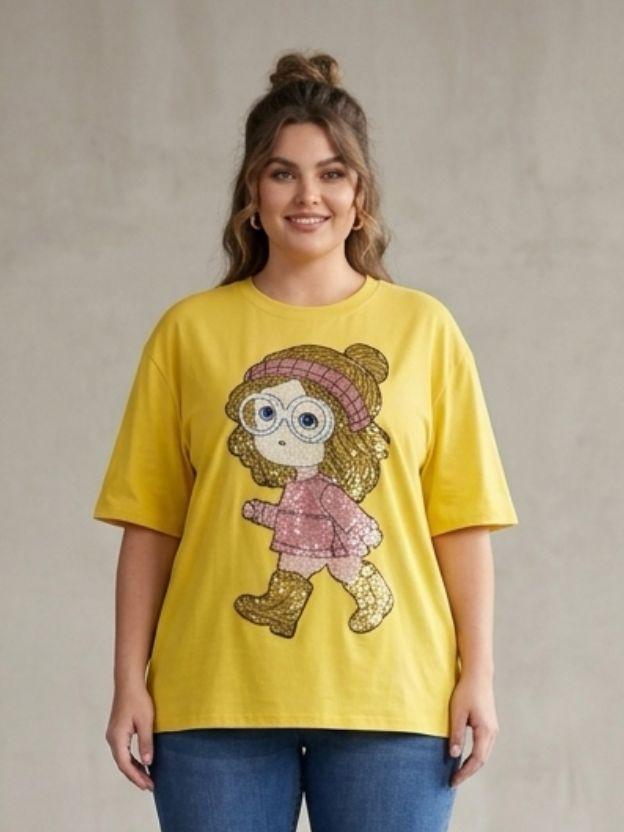 Oversized Sequin Patched Graphic Tee - Plus Size Streetwear T-Shirt