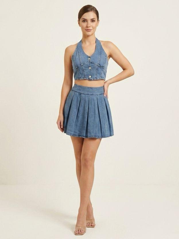 Women’s Denim Two-Piece Set - Halter Neck Crop Top and Pleated Mini Skirt