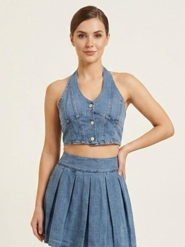 Women’s Denim Two-Piece Set - Halter Neck Crop Top and Pleated Mini Skirt