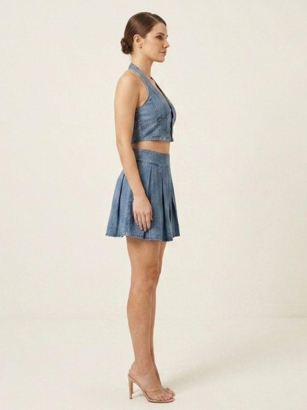 Women’s Denim Two-Piece Set - Halter Neck Crop Top and Pleated Mini Skirt