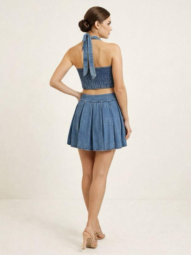Women’s Denim Two-Piece Set - Halter Neck Crop Top and Pleated Mini Skirt