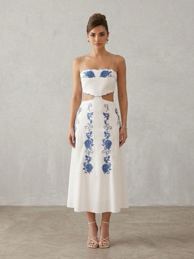 Blue Floral Embroidered Midi Dress with Scalloped Edge and Waist Cut-Outs