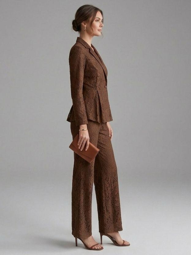 Elegant Lace Peplum Blazer and Wide Leg Pant Set - 2 Piece Formal Power Suit