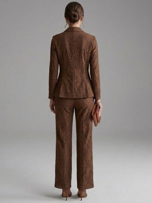 Elegant Lace Peplum Blazer and Wide Leg Pant Set - 2 Piece Formal Power Suit