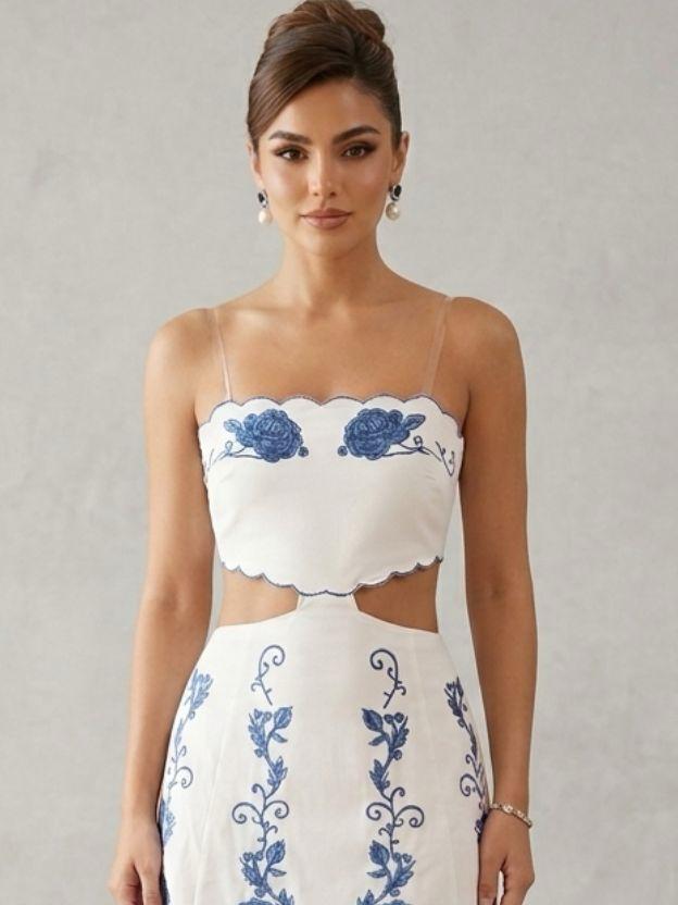 Blue Floral Embroidered Midi Dress with Scalloped Edge and Waist Cut-Outs