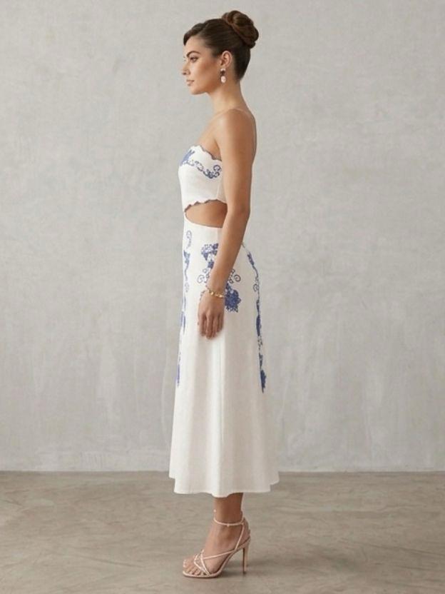 Blue Floral Embroidered Midi Dress with Scalloped Edge and Waist Cut-Outs