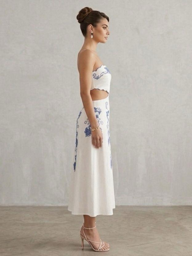 Blue Floral Embroidered Midi Dress with Scalloped Edge and Waist Cut-Outs