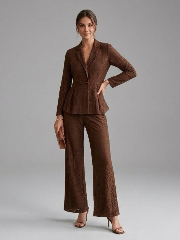 Elegant Lace Peplum Blazer and Wide Leg Pant Set - 2 Piece Formal Power Suit