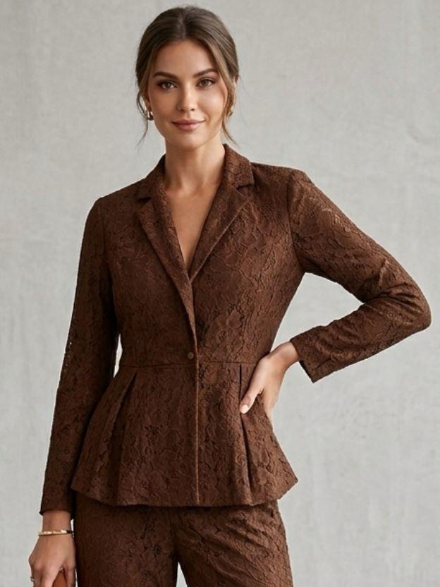 Elegant Lace Peplum Blazer and Wide Leg Pant Set - 2 Piece Formal Power Suit