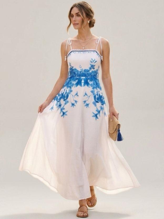 Floral Embroidered Maxi Dress with Adjustable Tie-Straps - Romantic Summer Sundress