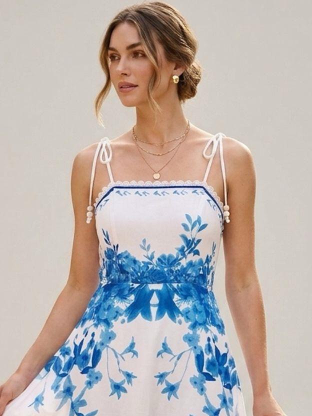 Floral Embroidered Maxi Dress with Adjustable Tie-Straps - Romantic Summer Sundress