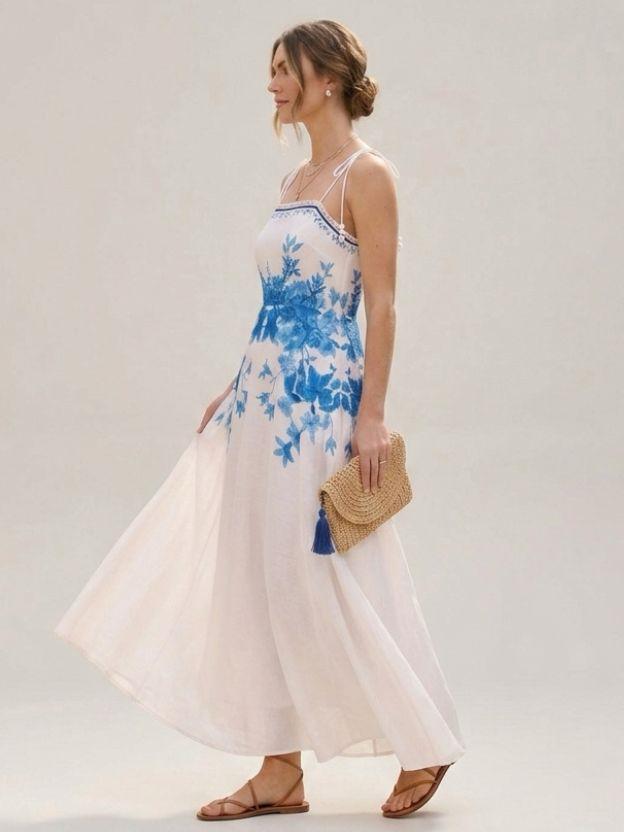Floral Embroidered Maxi Dress with Adjustable Tie-Straps - Romantic Summer Sundress