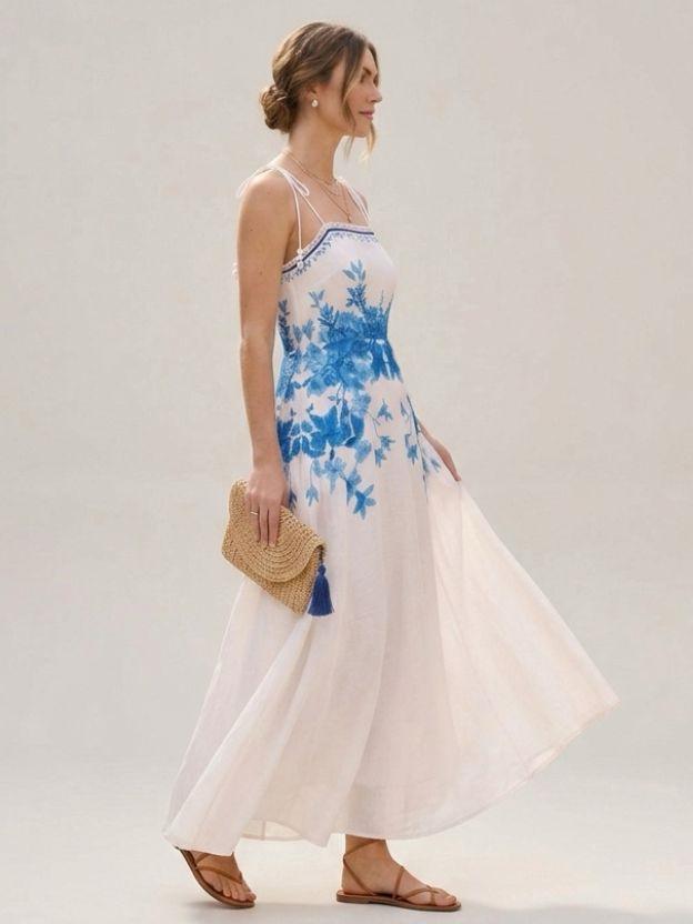 Floral Embroidered Maxi Dress with Adjustable Tie-Straps - Romantic Summer Sundress
