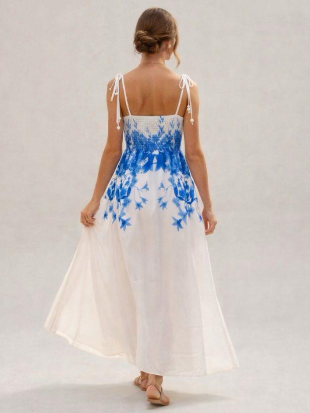 Floral Embroidered Maxi Dress with Adjustable Tie-Straps - Romantic Summer Sundress