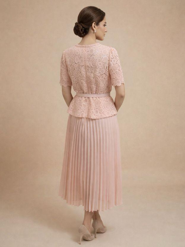 Women’s Lace Jacket and Pleated Midi Skirt Set with Belted Waist