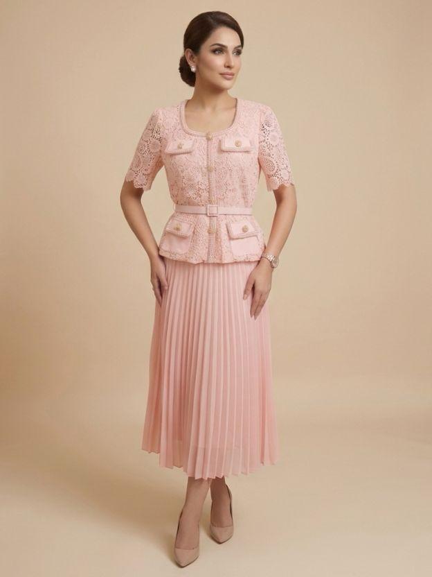 Women’s Lace Jacket and Pleated Midi Skirt Set with Belted Waist