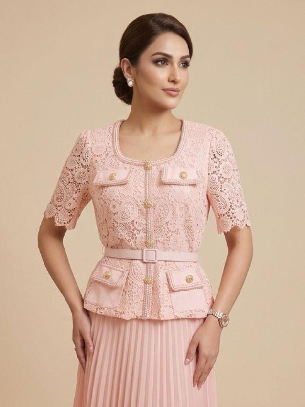 Women’s Lace Jacket and Pleated Midi Skirt Set with Belted Waist