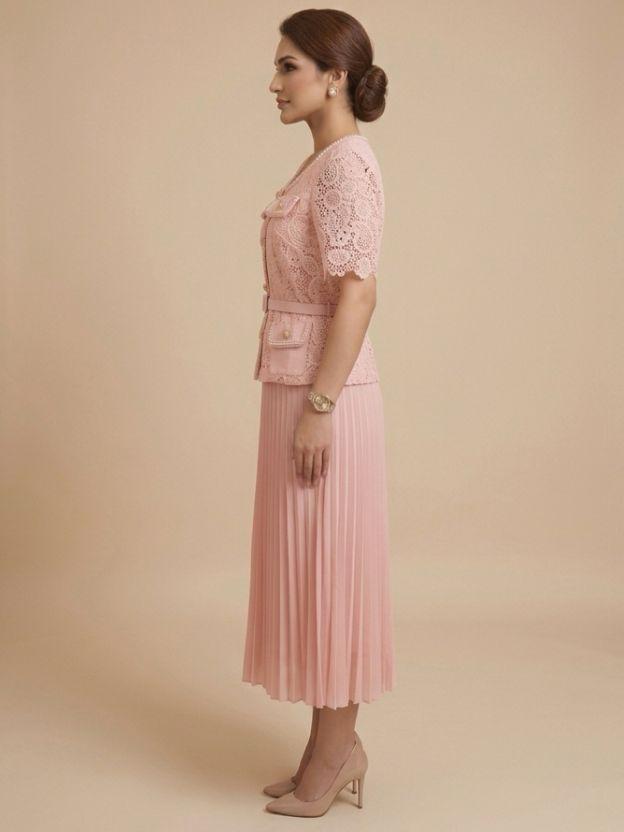 Women’s Lace Jacket and Pleated Midi Skirt Set with Belted Waist