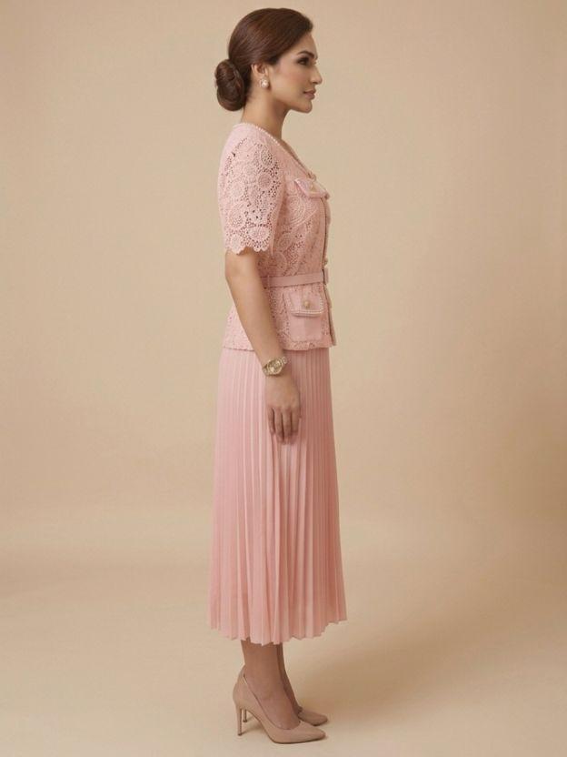Women’s Lace Jacket and Pleated Midi Skirt Set with Belted Waist