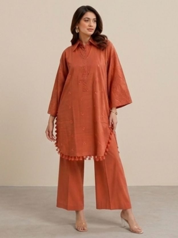Women's Terracotta 2-Piece Co-ord Set - Embroidered Tunic with Pom-Pom Trim & Wide Leg Pants