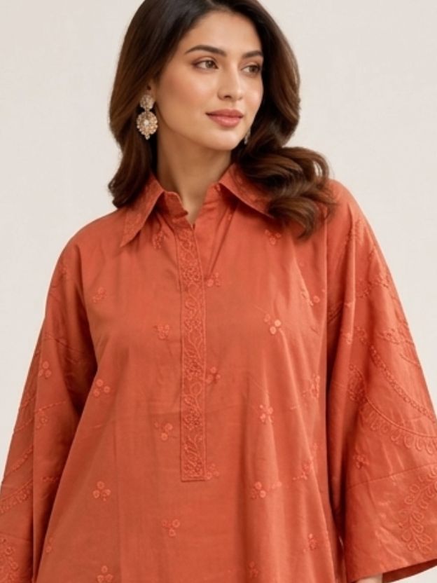 Women's Terracotta 2-Piece Co-ord Set - Embroidered Tunic with Pom-Pom Trim & Wide Leg Pants