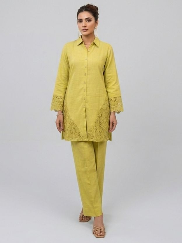 Lime Green 2-Piece Lace Embellished Co-ord Set - Cotton Linen Summer Suit