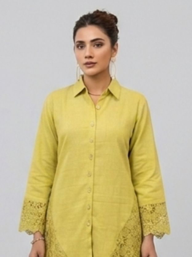 Lime Green 2-Piece Lace Embellished Co-ord Set - Cotton Linen Summer Suit