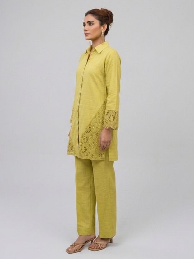 Lime Green 2-Piece Lace Embellished Co-ord Set - Cotton Linen Summer Suit