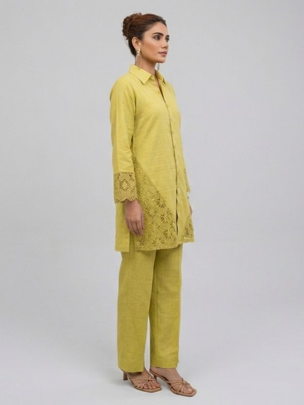Lime Green 2-Piece Lace Embellished Co-ord Set - Cotton Linen Summer Suit