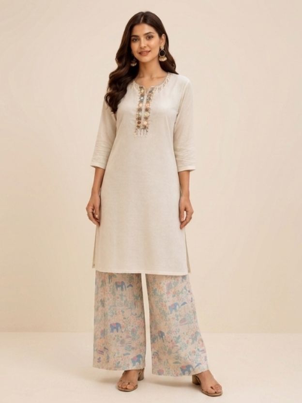Women's Cream Embroidered Kurta & Elephant Print Palazzo Set - 2pc Ethnic Co-ord