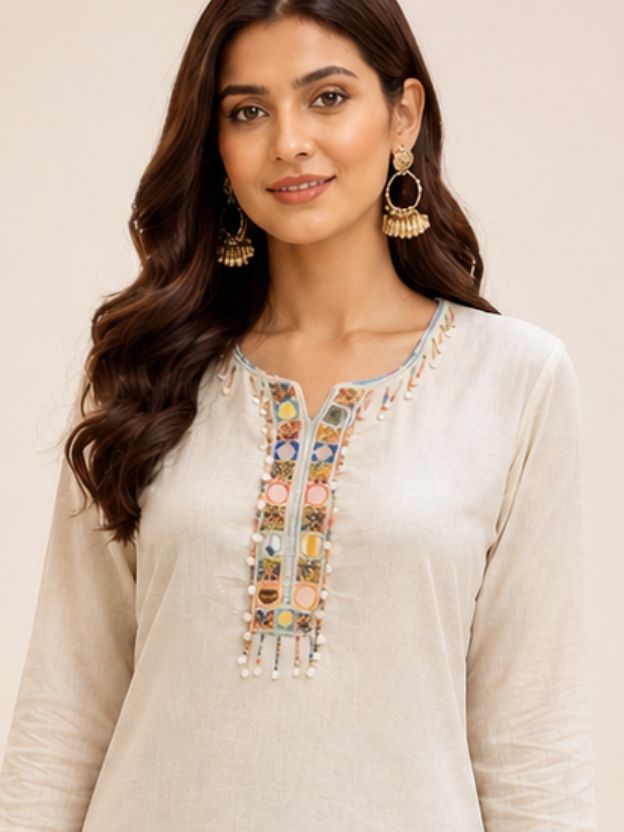 Women's Cream Embroidered Kurta & Elephant Print Palazzo Set - 2pc Ethnic Co-ord