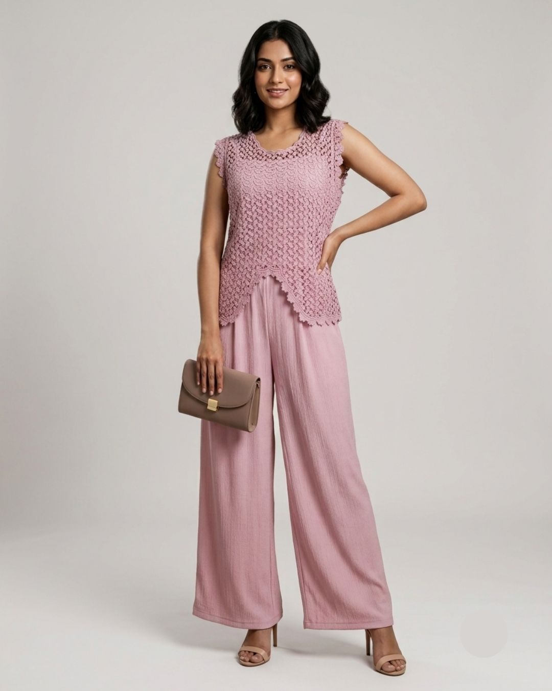 Marc Louis Women's Crochet Lace Overlay Top with Pleated Wide-Leg Co-ord Set