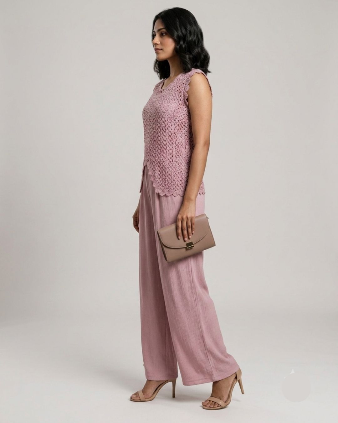 Marc Louis Women's Crochet Lace Overlay Top with Pleated Wide-Leg Co-ord Set