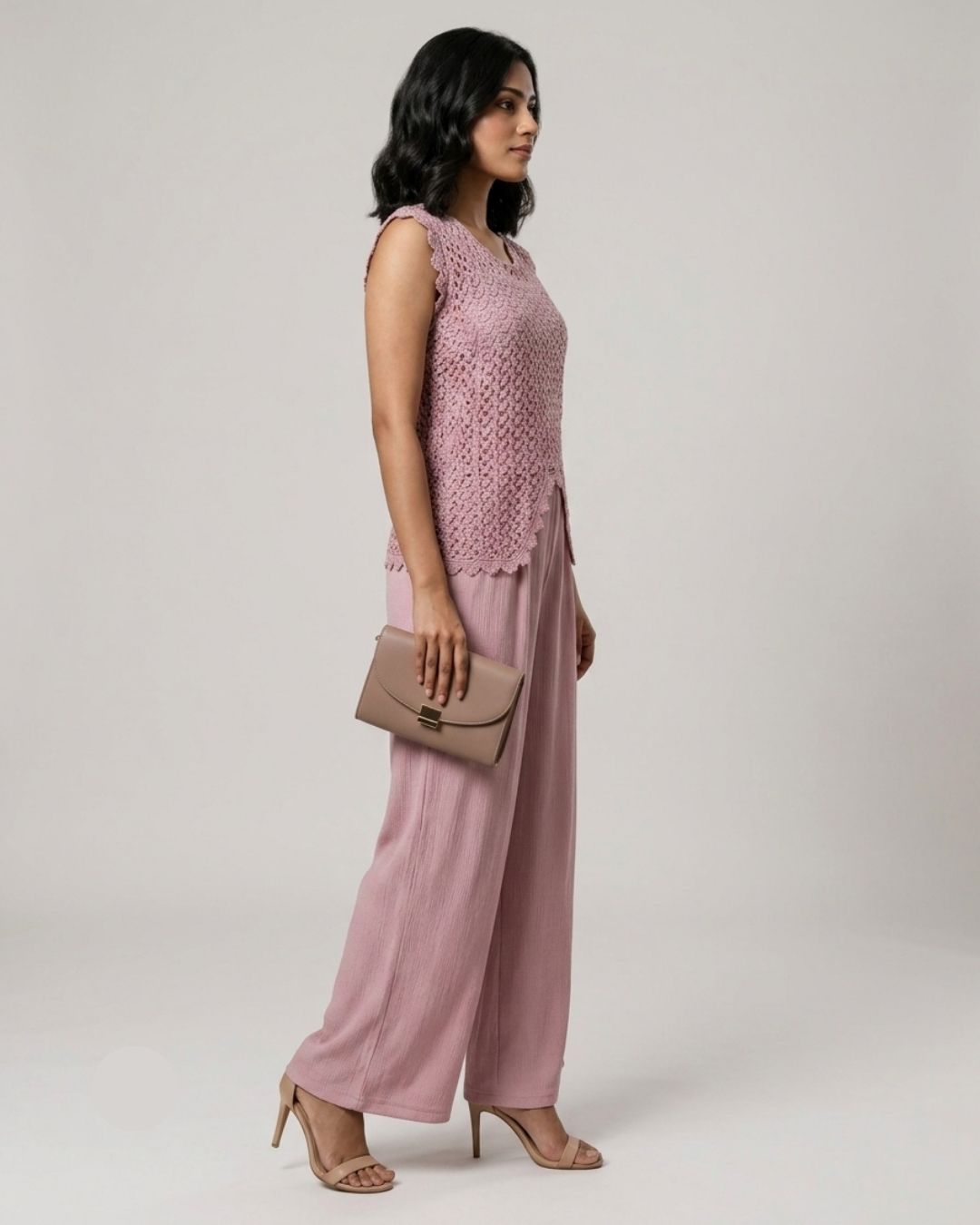Marc Louis Women's Crochet Lace Overlay Top with Pleated Wide-Leg Co-ord Set