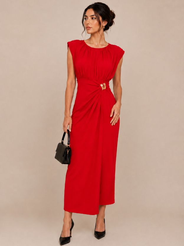 Women's Elegant Ruched Maxi Dress with Metallic Waist Detail | Party, Evening & Wedding Wear