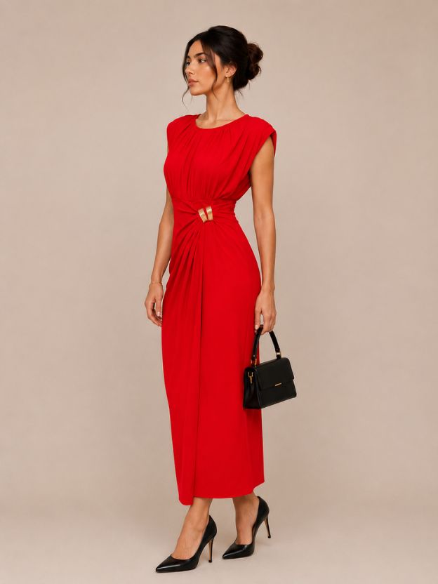 Women's Elegant Ruched Maxi Dress with Metallic Waist Detail | Party, Evening & Wedding Wear