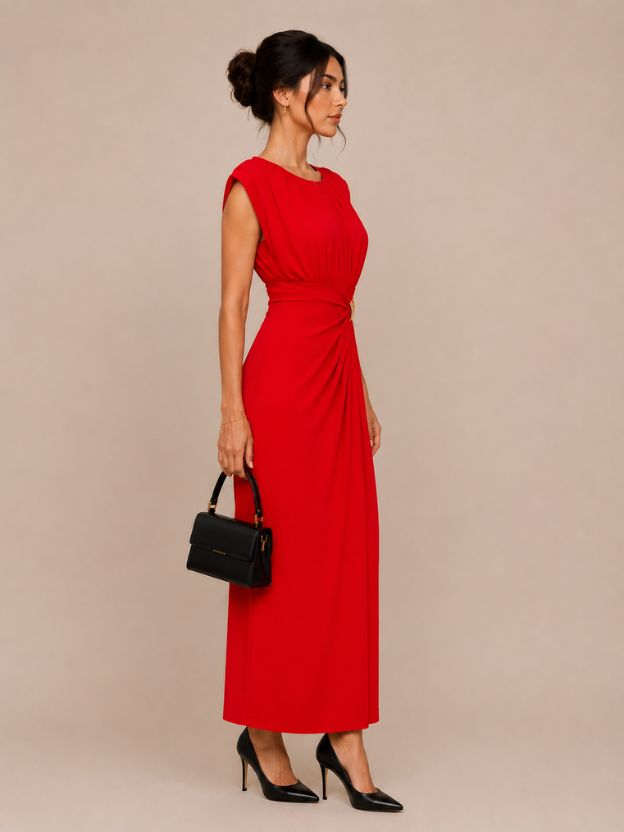 Women's Elegant Ruched Maxi Dress with Metallic Waist Detail | Party, Evening & Wedding Wear