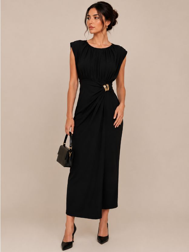 Women's Elegant Ruched Maxi Dress with Metallic Waist Detail | Party, Evening & Wedding Wear