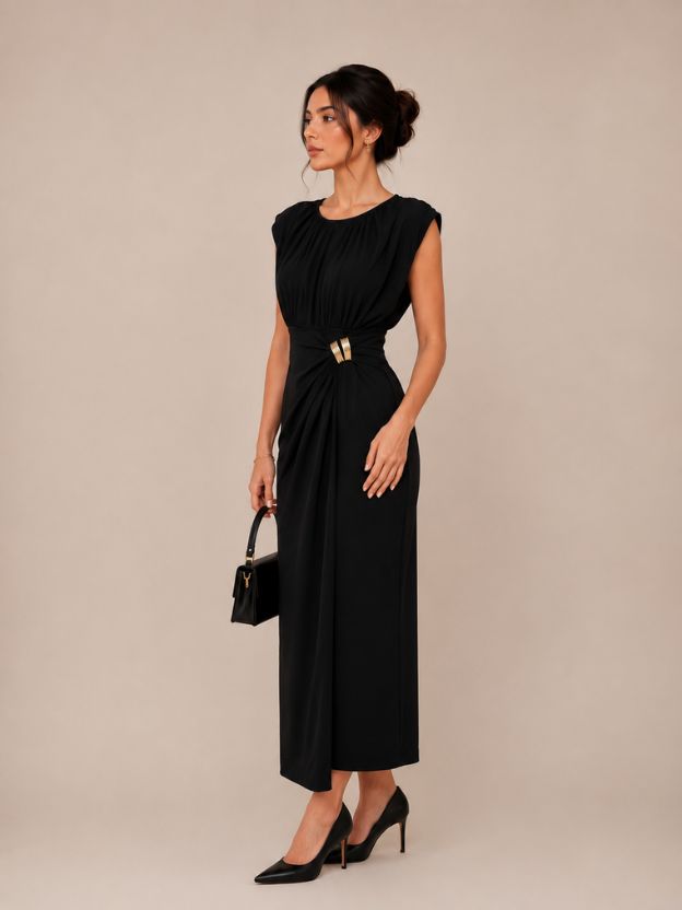 Women's Elegant Ruched Maxi Dress with Metallic Waist Detail | Party, Evening & Wedding Wear