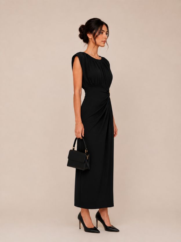 Women's Elegant Ruched Maxi Dress with Metallic Waist Detail | Party, Evening & Wedding Wear