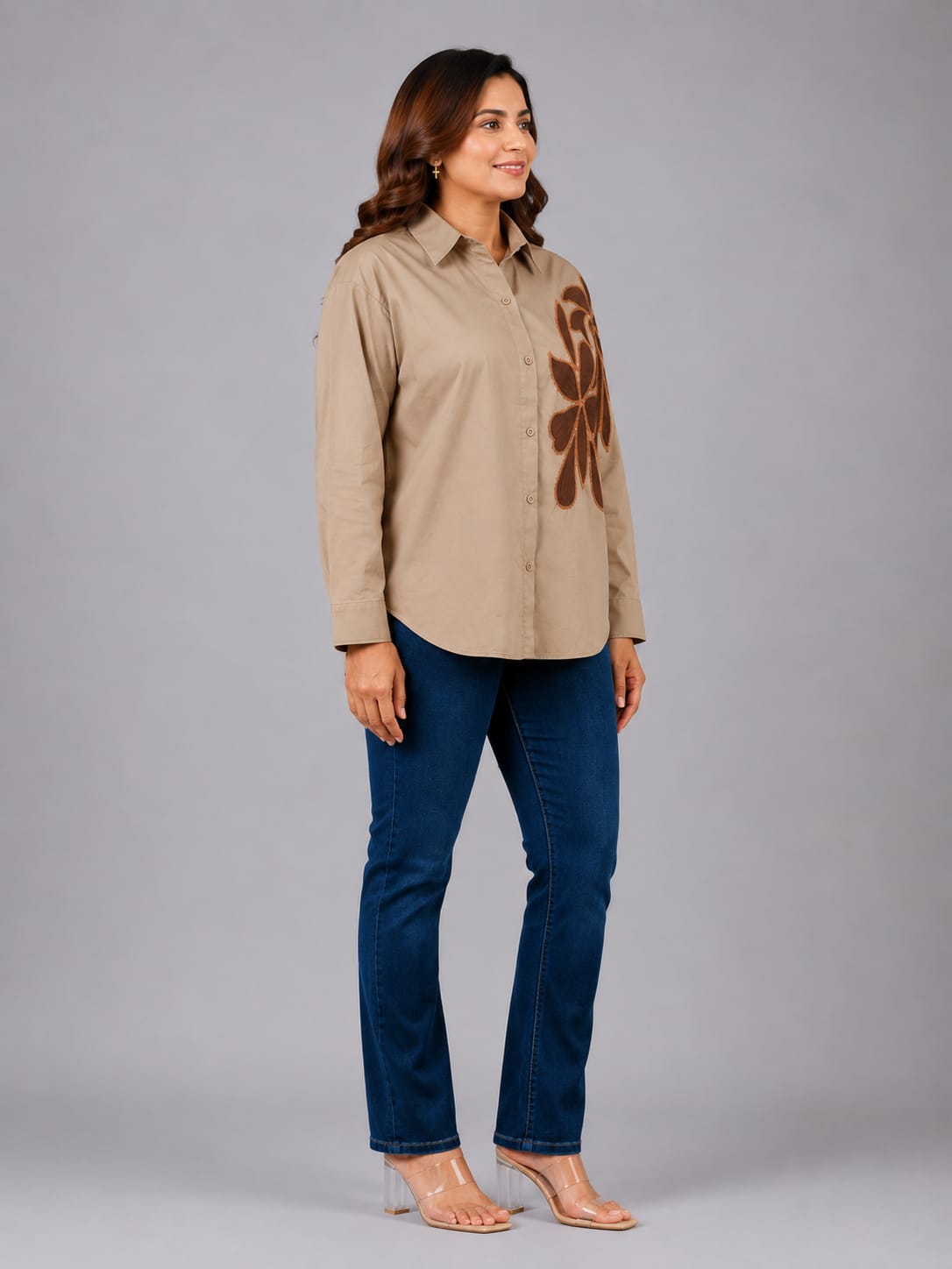 Designer Embroidered Applique Long-Sleeve Shirt for Women