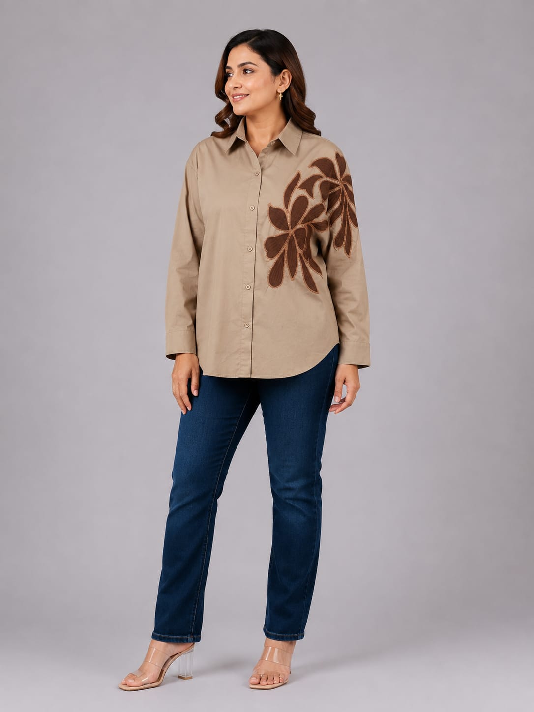 Designer Embroidered Applique Long-Sleeve Shirt for Women
