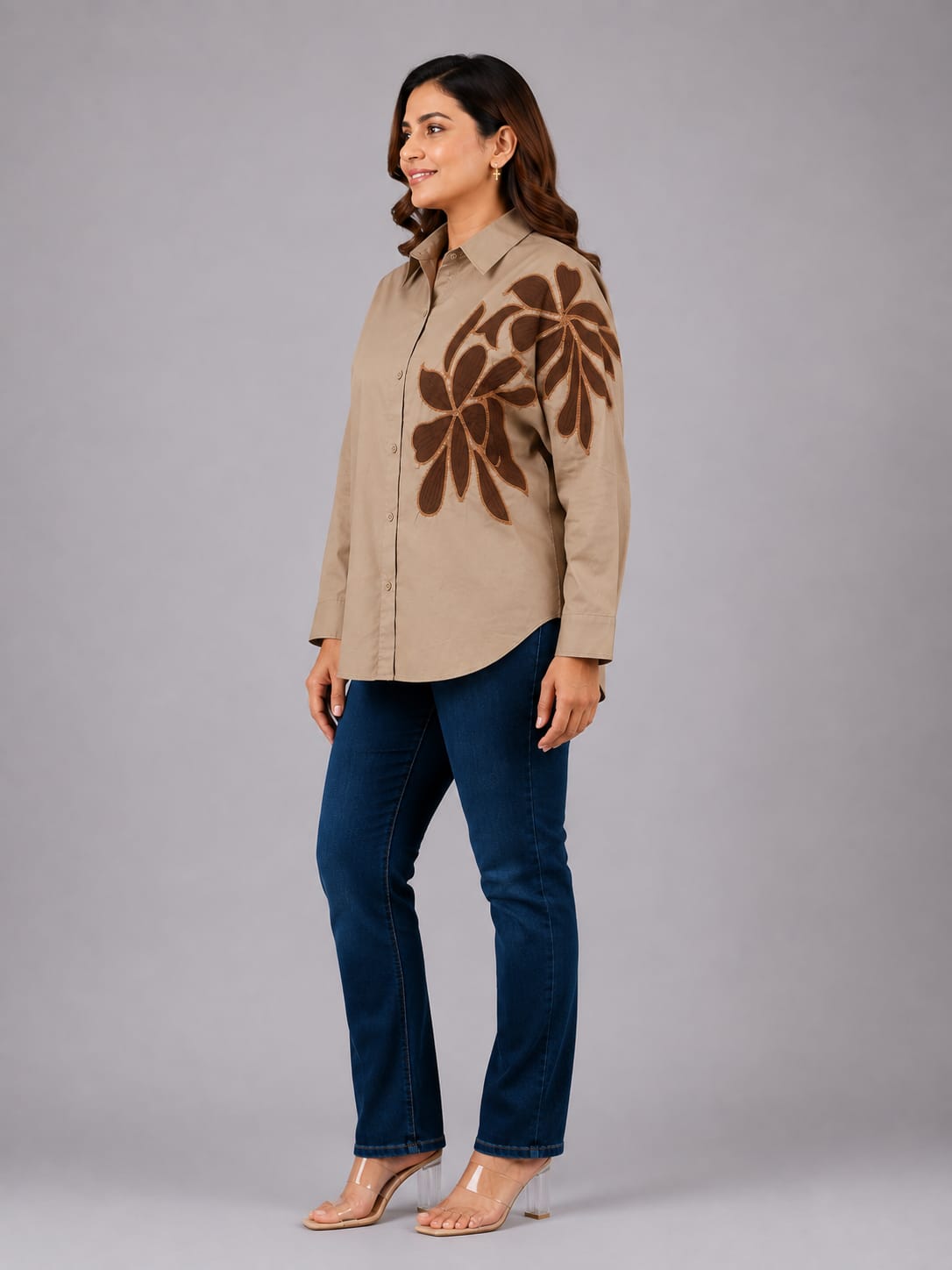 Designer Embroidered Applique Long-Sleeve Shirt for Women