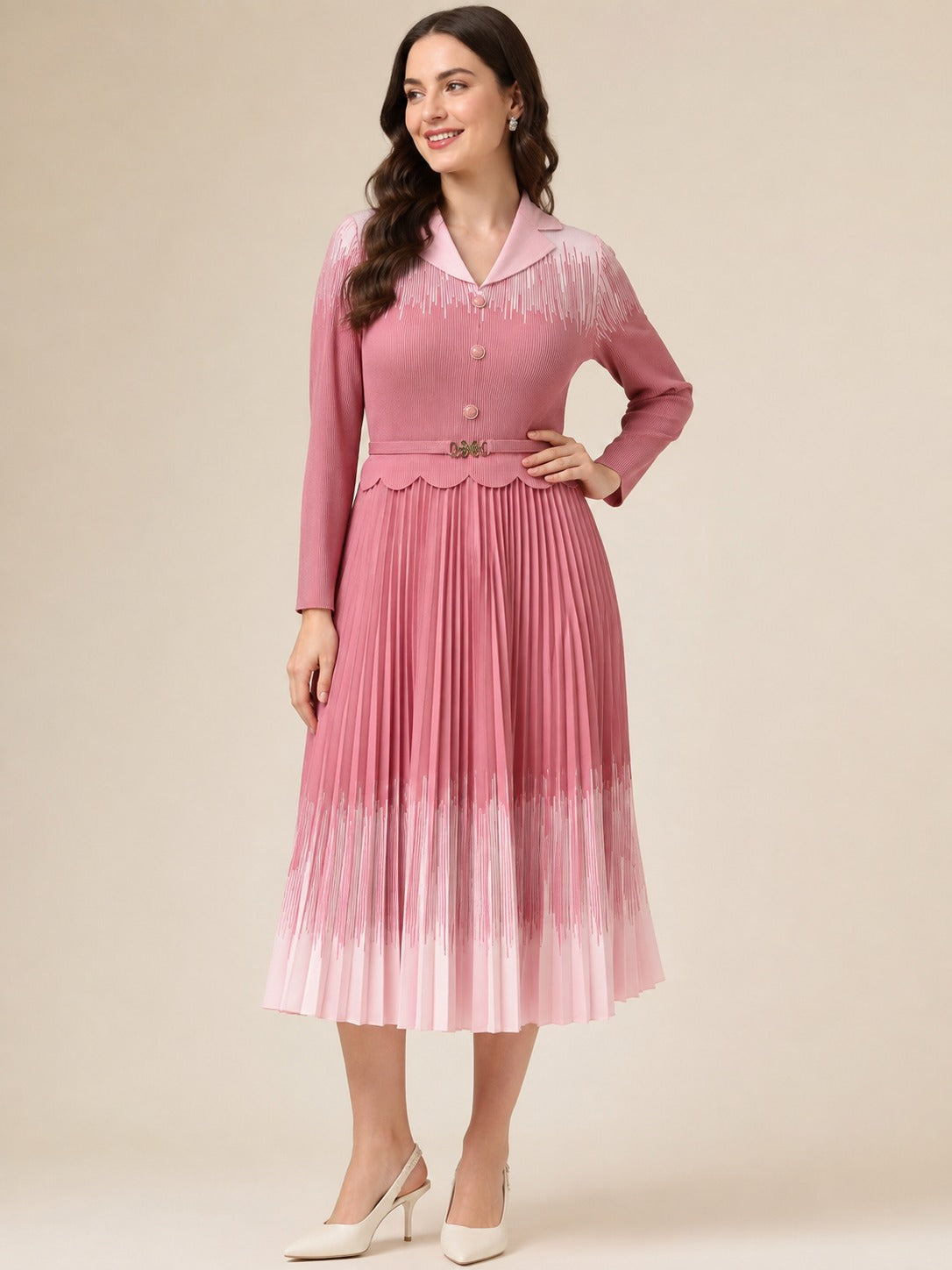 Elegant Button-Down Pleated Midi Dress with Belt