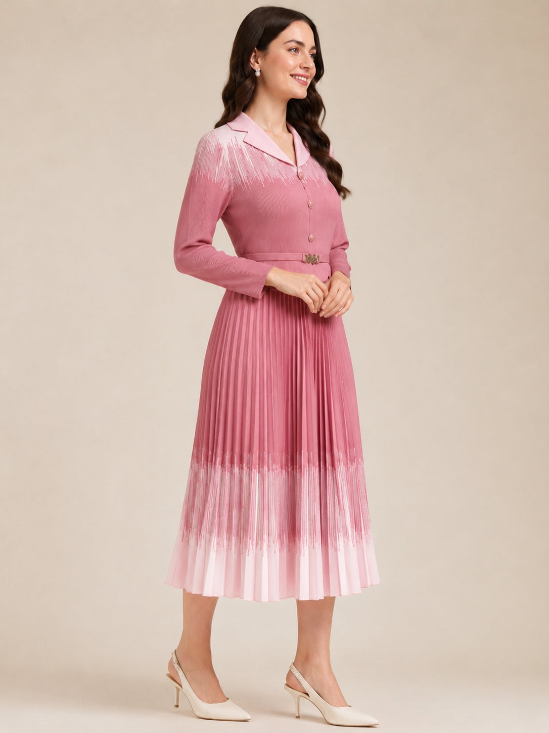 Elegant Button-Down Pleated Midi Dress with Belt