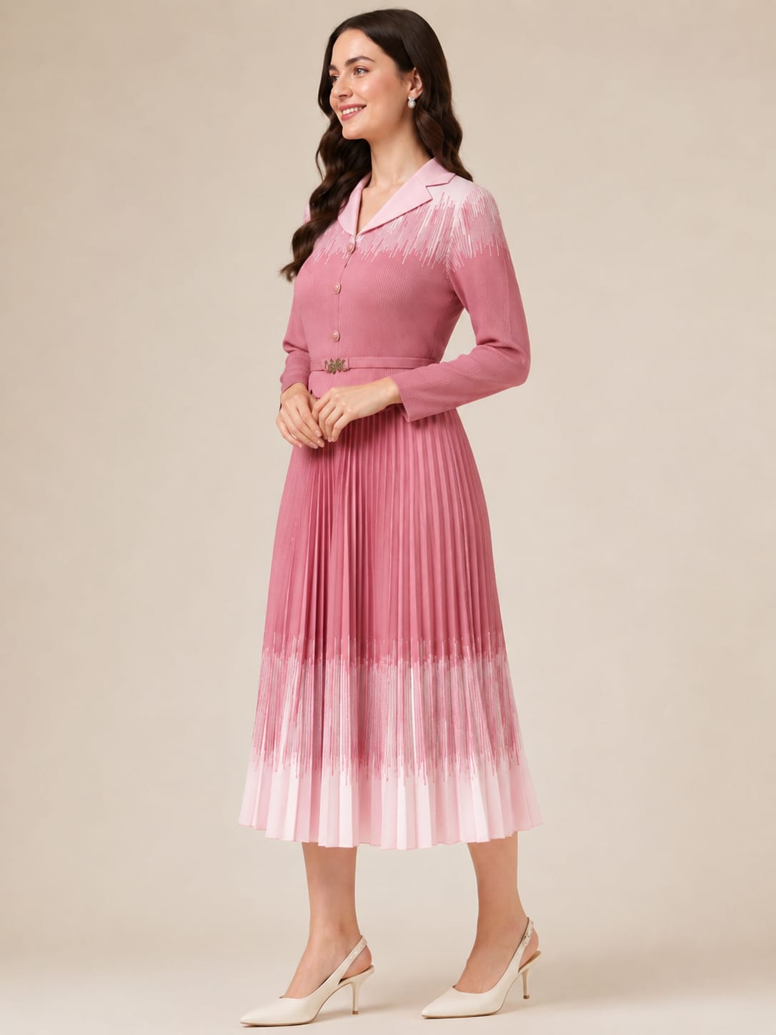 Elegant Button-Down Pleated Midi Dress with Belt