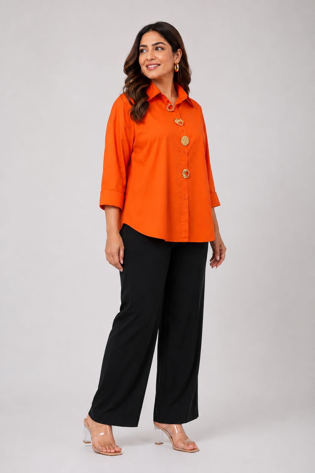 Chic Orange Collared Tunic Top with Gold Buttons