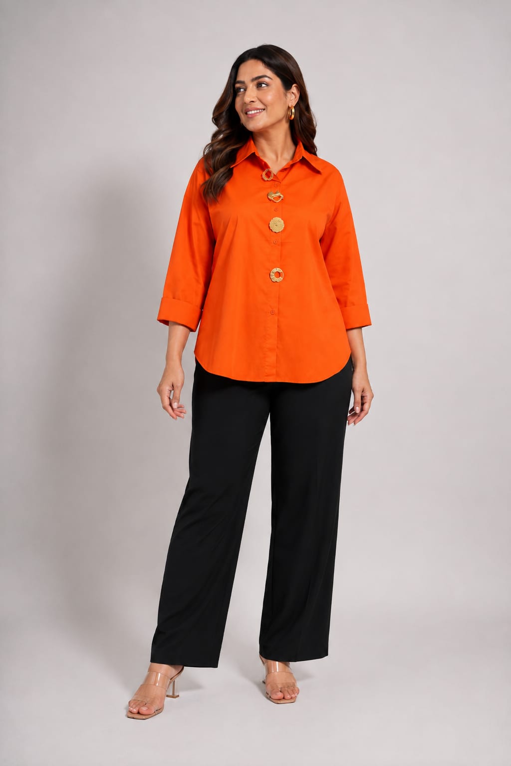 Chic Orange Collared Tunic Top with Gold Buttons