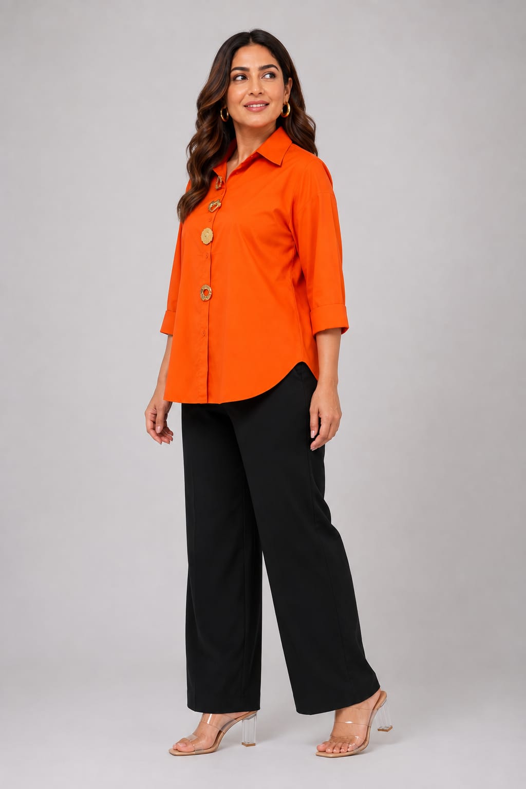 Chic Orange Collared Tunic Top with Gold Buttons